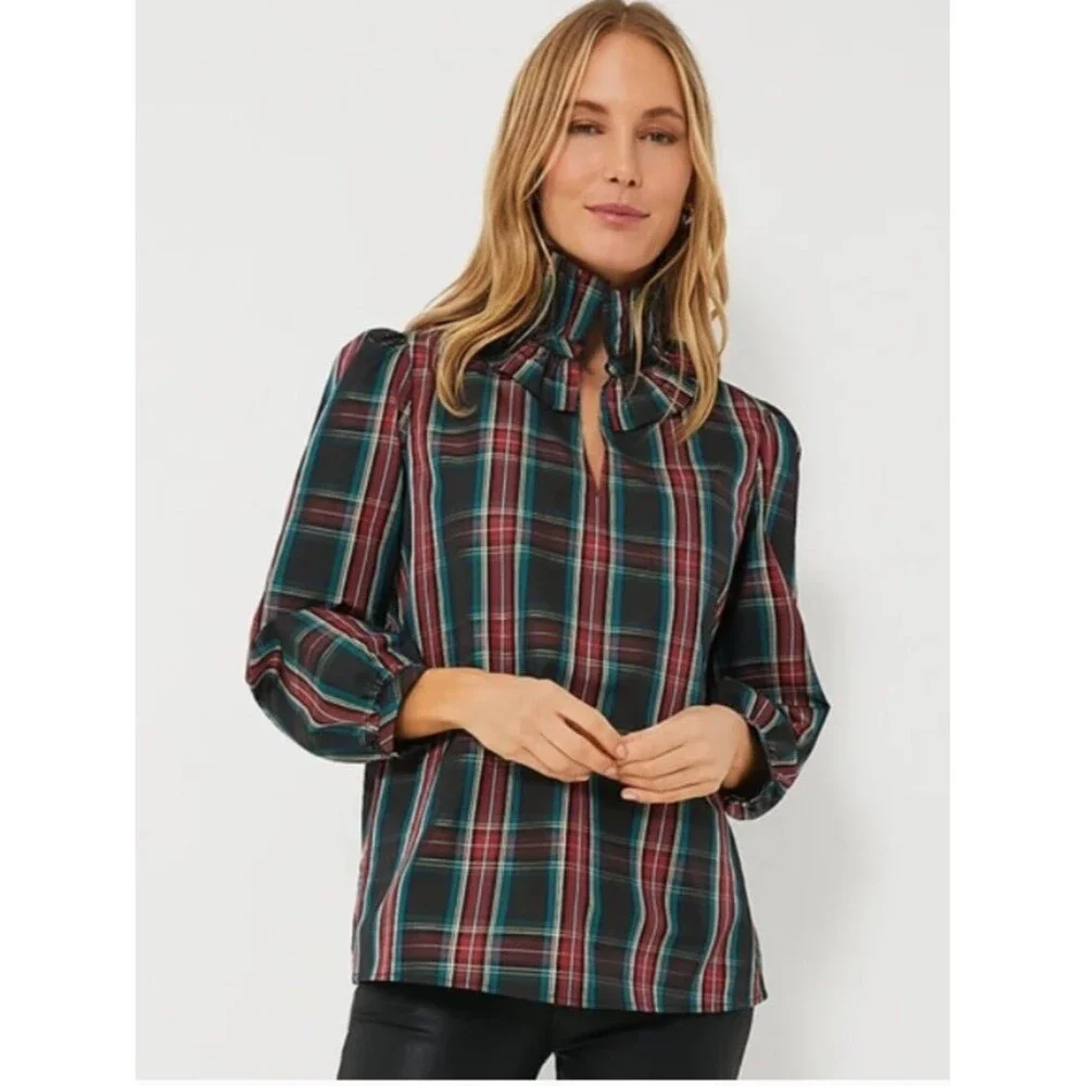 Tuckernuck Highland Tartan Bouvier Blouse Plaid Ruffle Neck Size Small